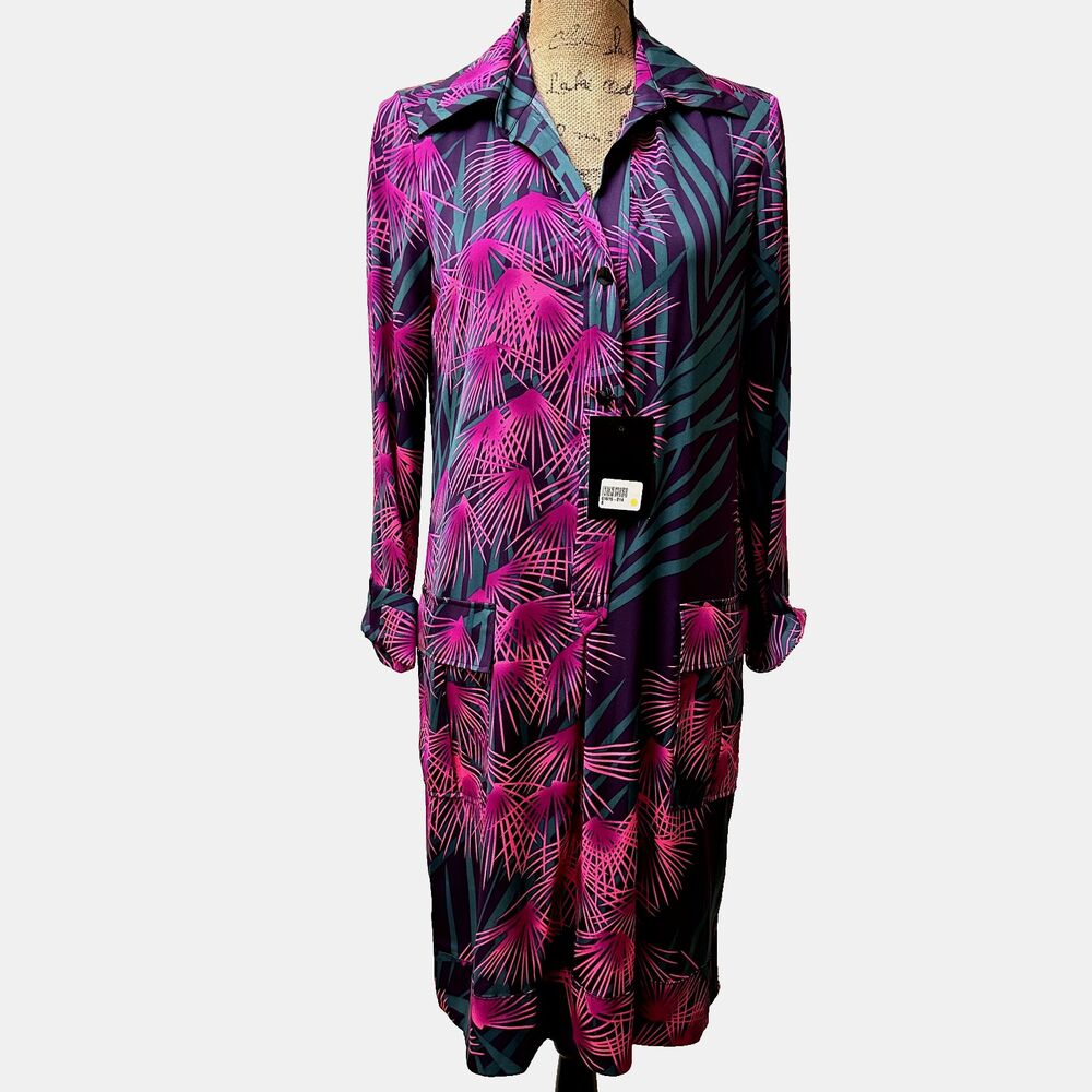 Diane von Furstenberg Silk Collared Shirt Dress SZ 8 Pink Green Fern Print